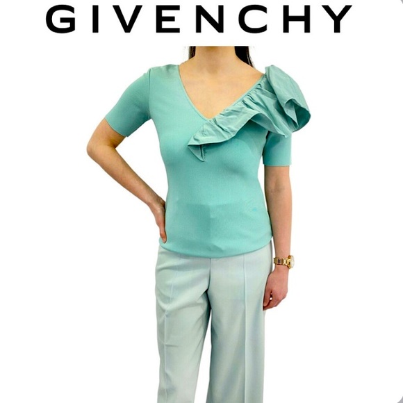 GIVENCHY GREEN V-Neck Blouse One Shoulder Ruffle Size Small NEW $1275 - Picture 1 of 10